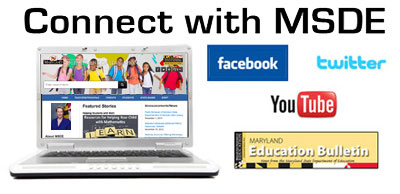 Connect With MSDE image with picture of laptop with photo of MSDE website, Facebook, Twitter and YouTube logos