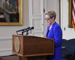 Maryland State Superintendent of Schools Dr. Karen B. Salmon speaks at a podium.