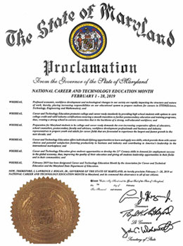 Proclamation from Maryland Governor Larry Hogan designating National Career and Technology Education Month. February 1 to 28, 2019.