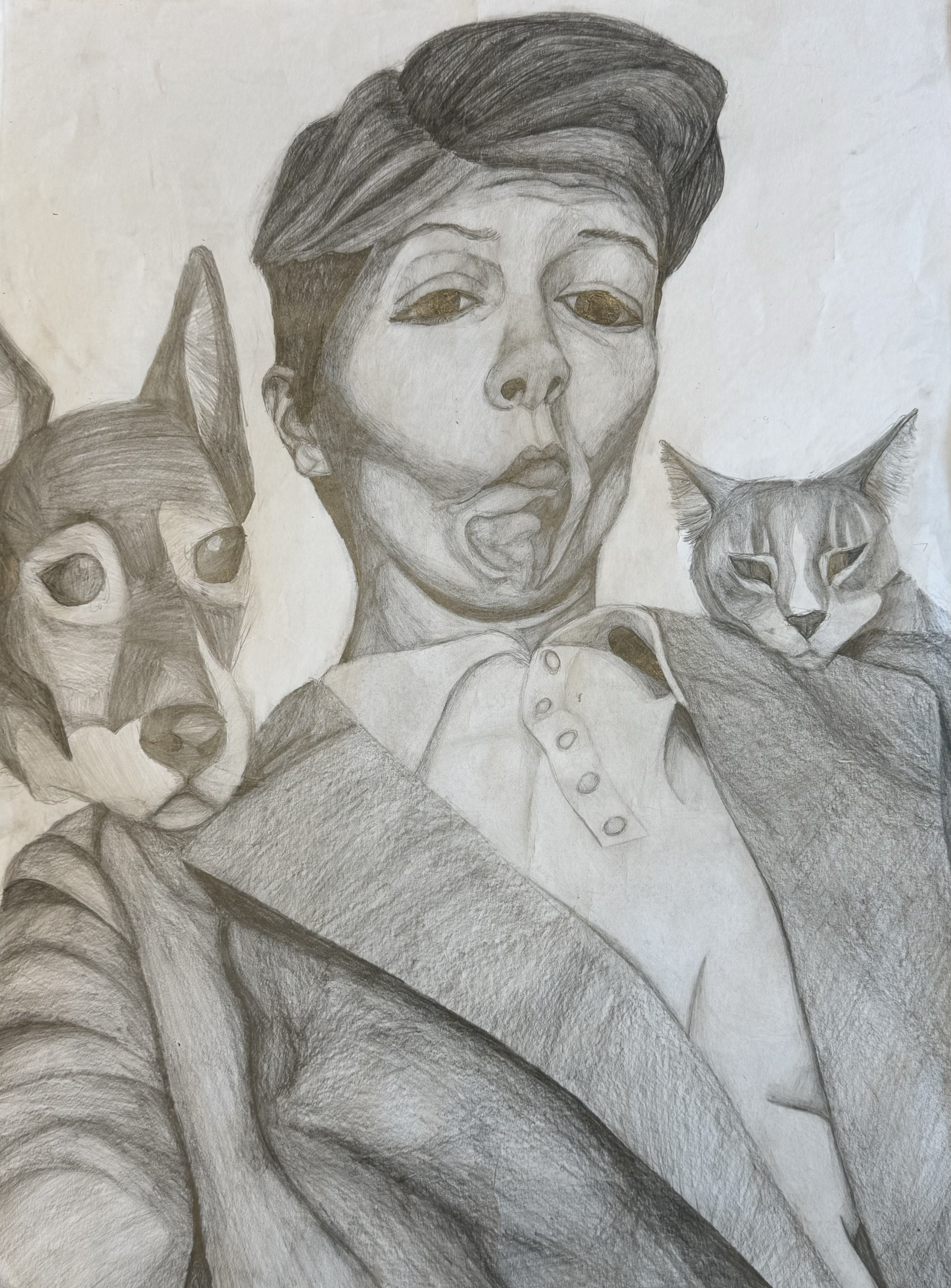 Individual with the head of a dog and a cat above each shoulder. Medium: Graphite