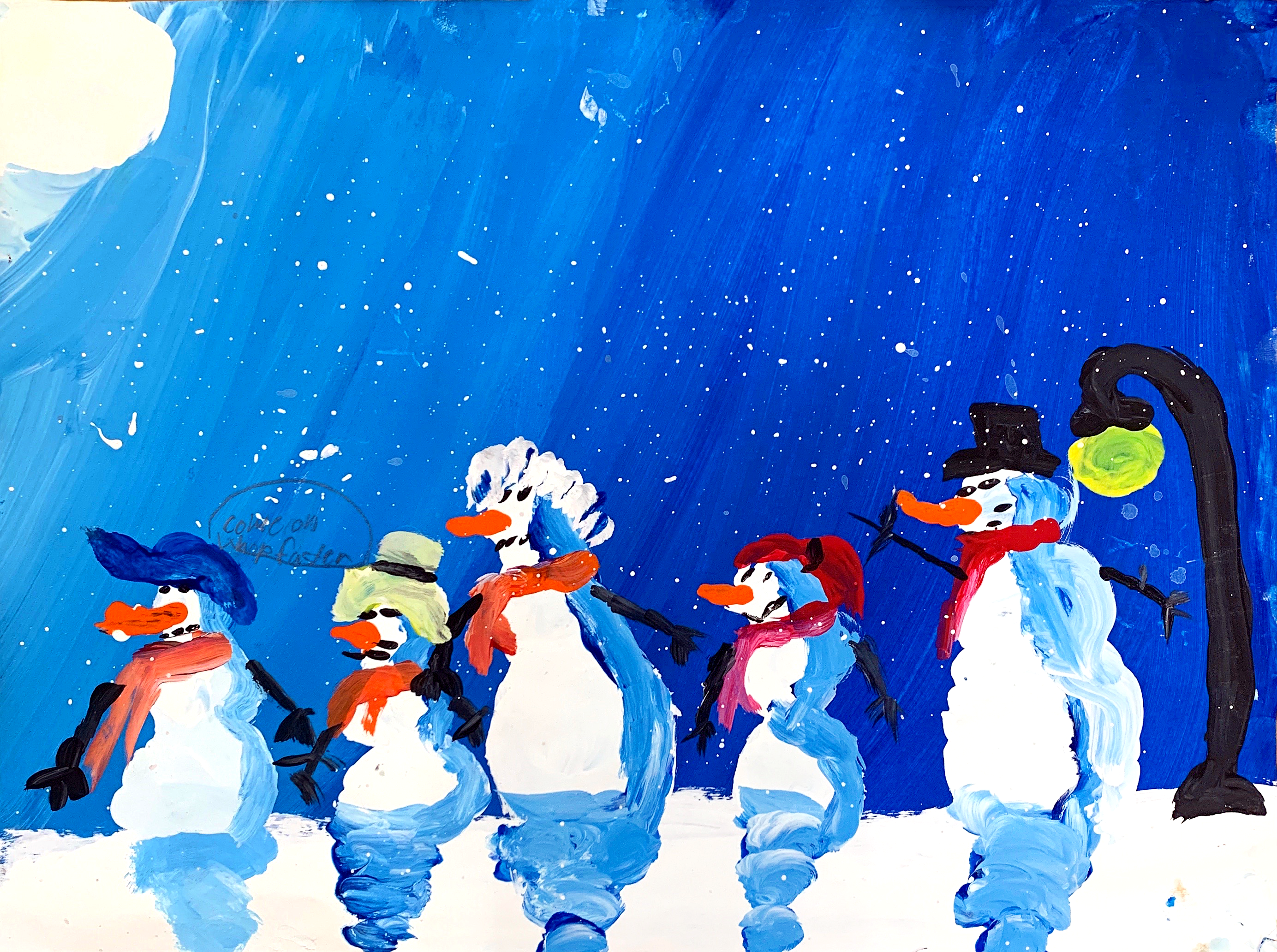 Painting of give snowpeople and a lamp on a snowy night.