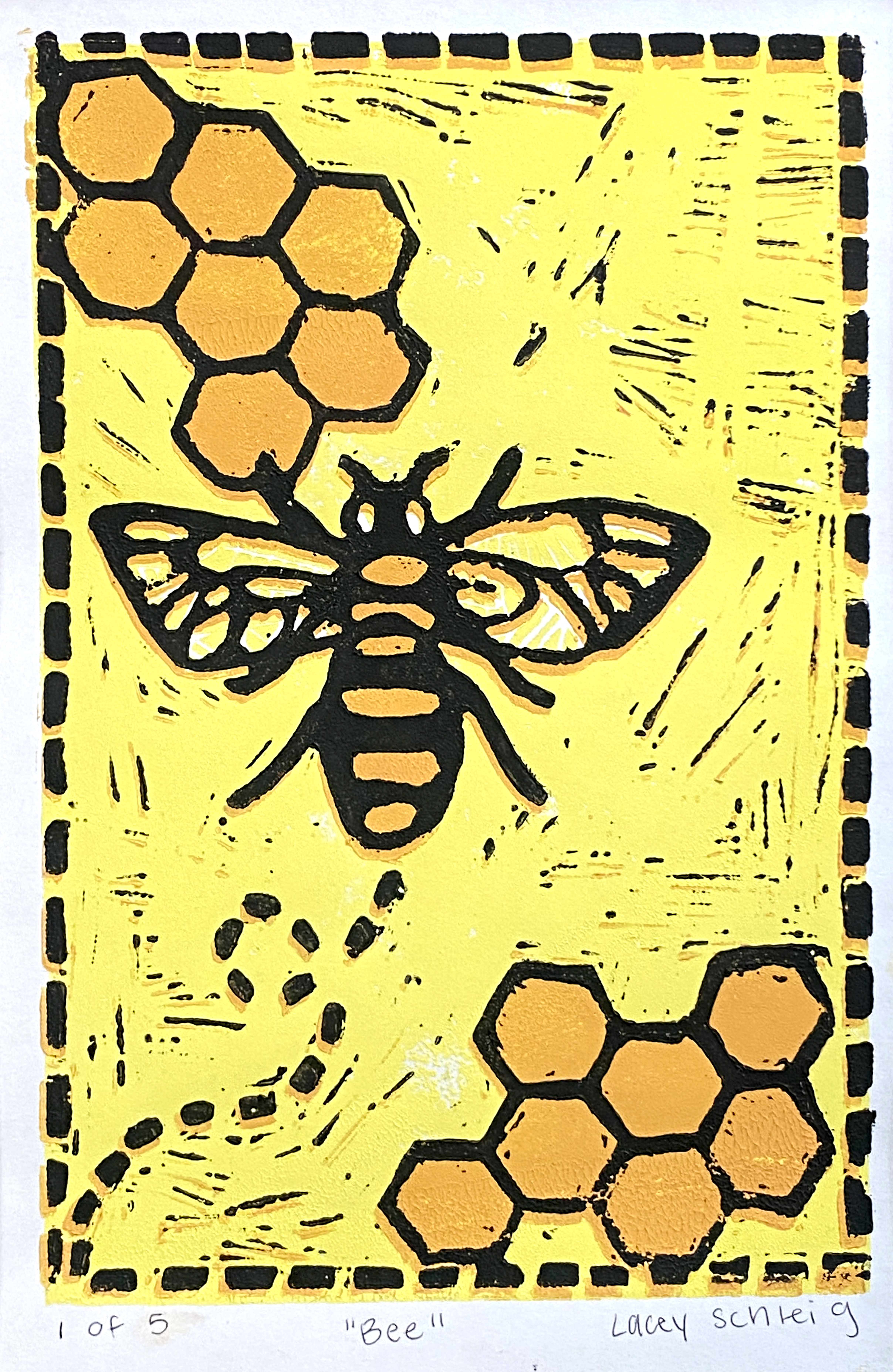 Bee and honeycomb in yellow, orange, and black. Medium: Printmaking