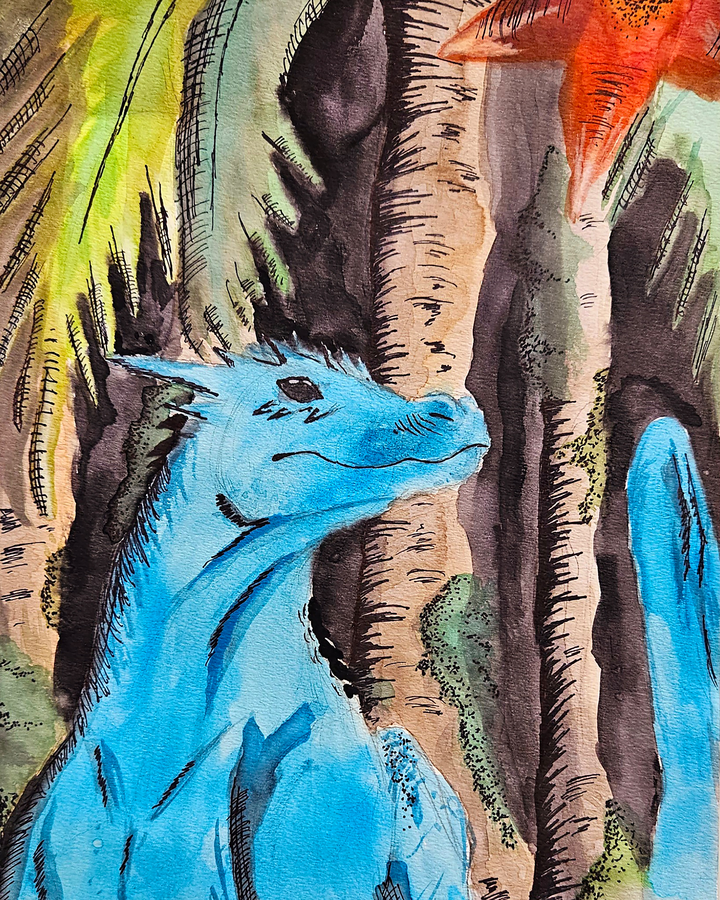 A blue horselike creature in profile in the foreground, looking off to the side, with trees and flowers in background. Mixed media: water color and ink