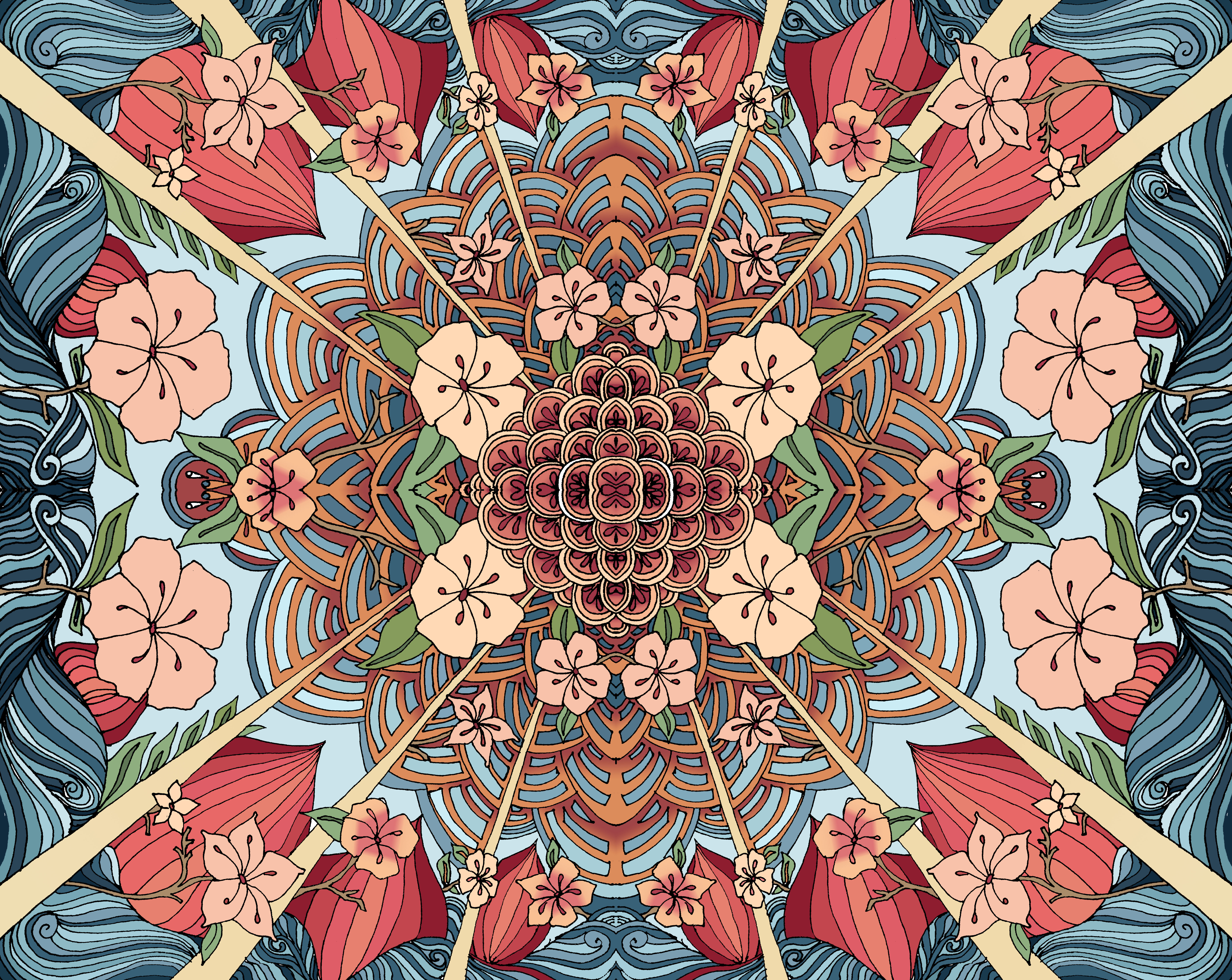 A colorful geometric,  Kaleidoscope-like design with pink flowers interspersed, in blues, golds, pale pinks, and rose colors.