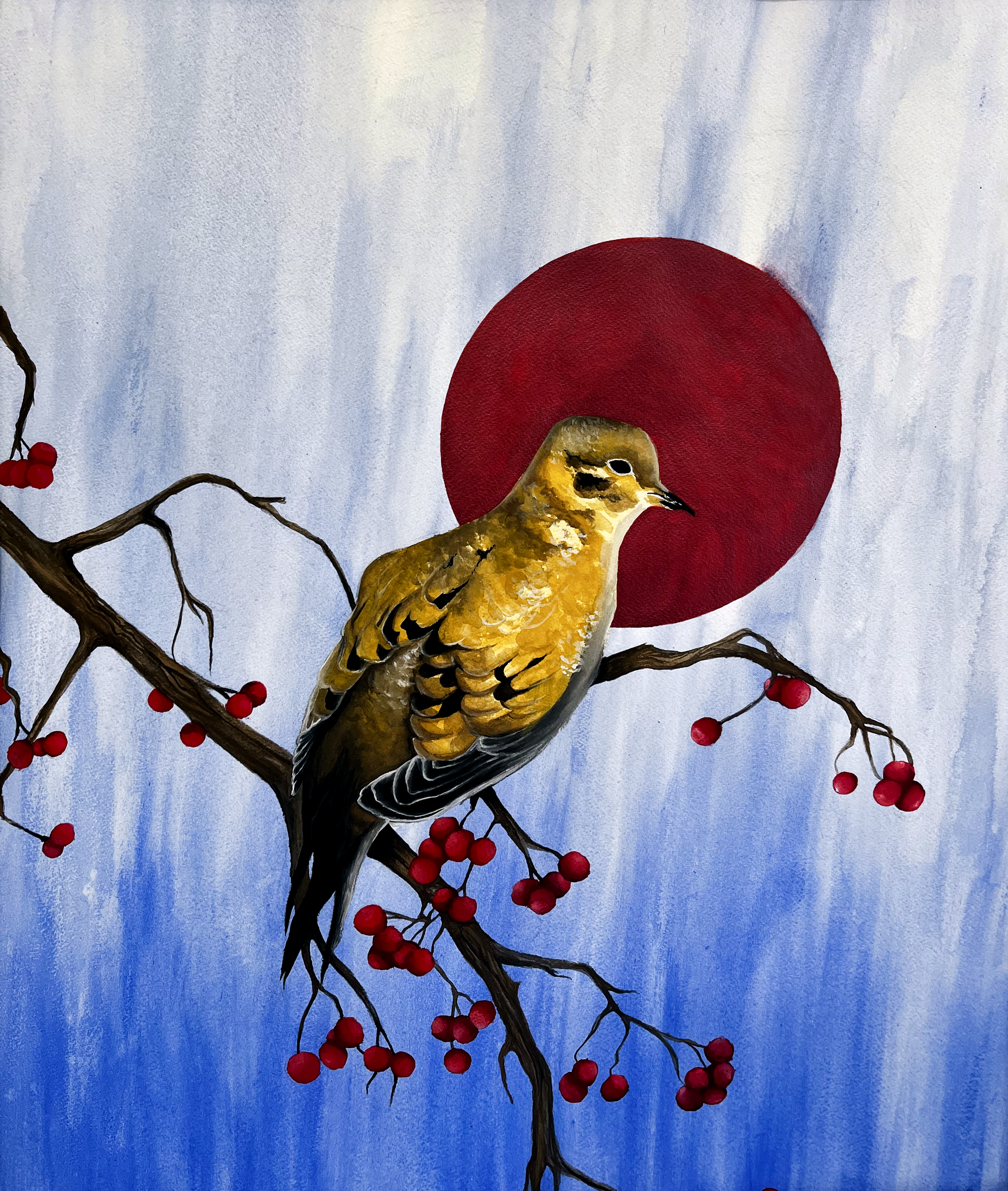 A bird sitting on a branch with red berries hanging from it, a red circle behind it, and a blue-white background. Mixed media