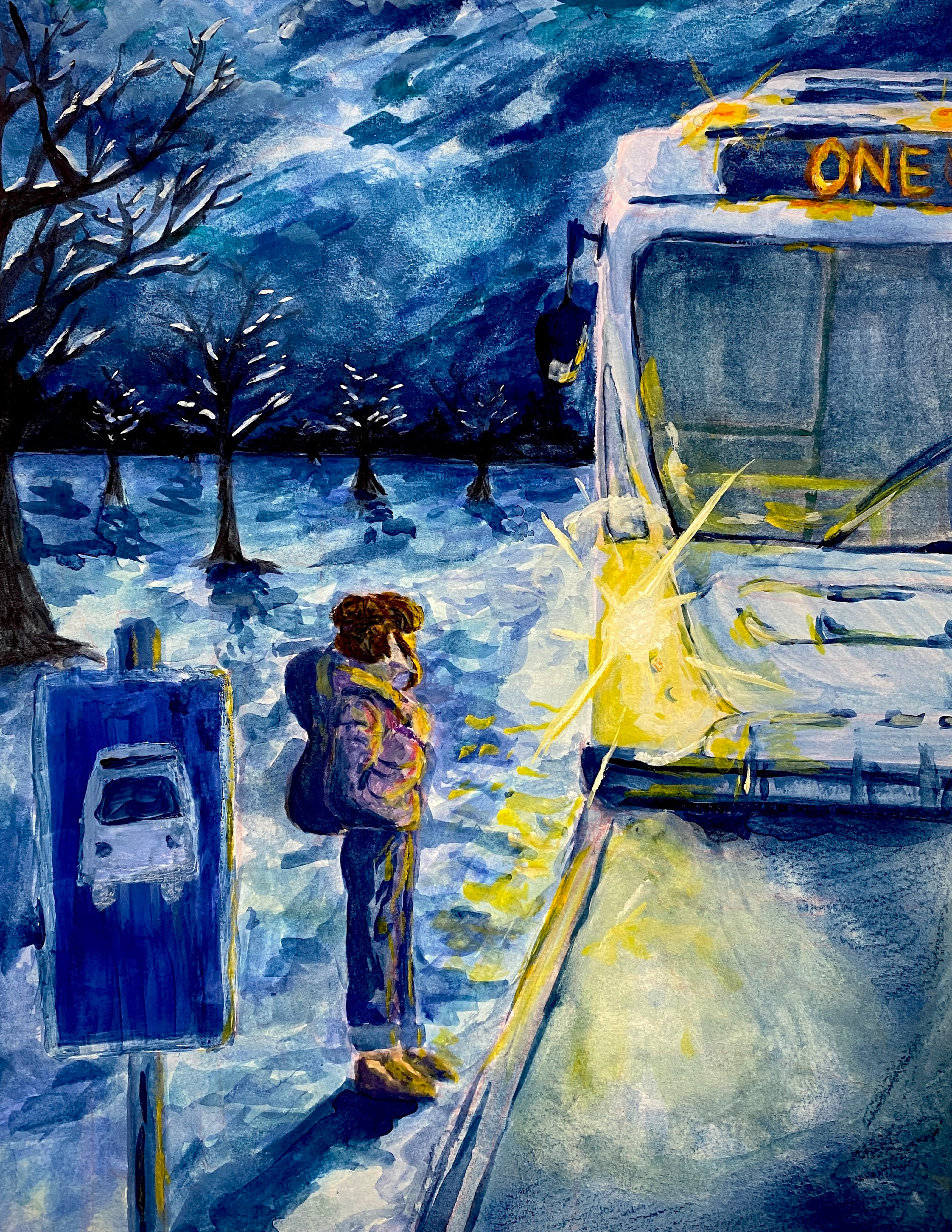 Girl or young woman standing at a bus stop in foreground and turning head to watch a bus approaching with bus headlight shining, with trees in winter in background; blues, whites, and yellows. Medium: Gouache Paint