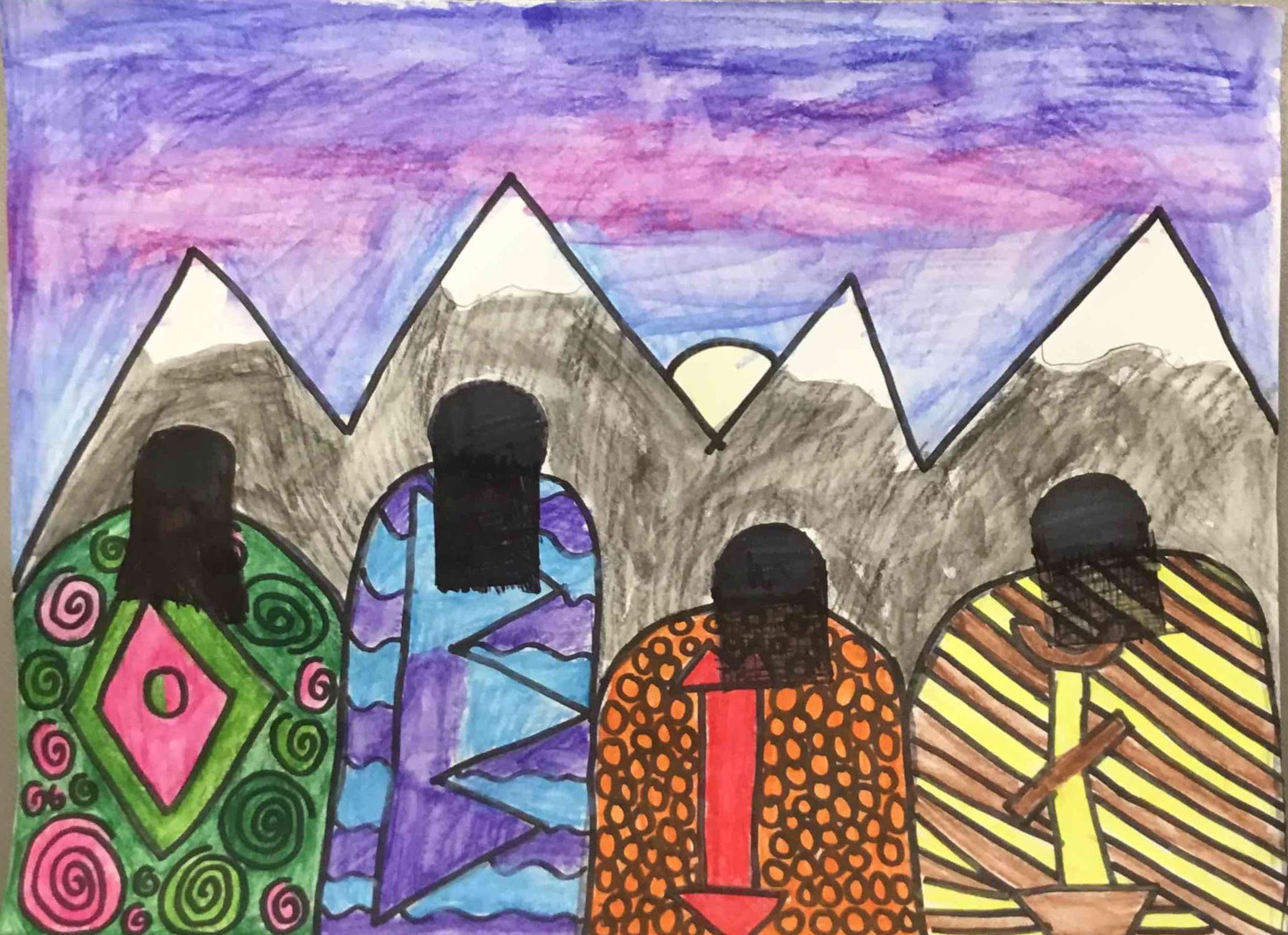 Colorful shawls with intricate patterns. Medium: watercolor pencil.
