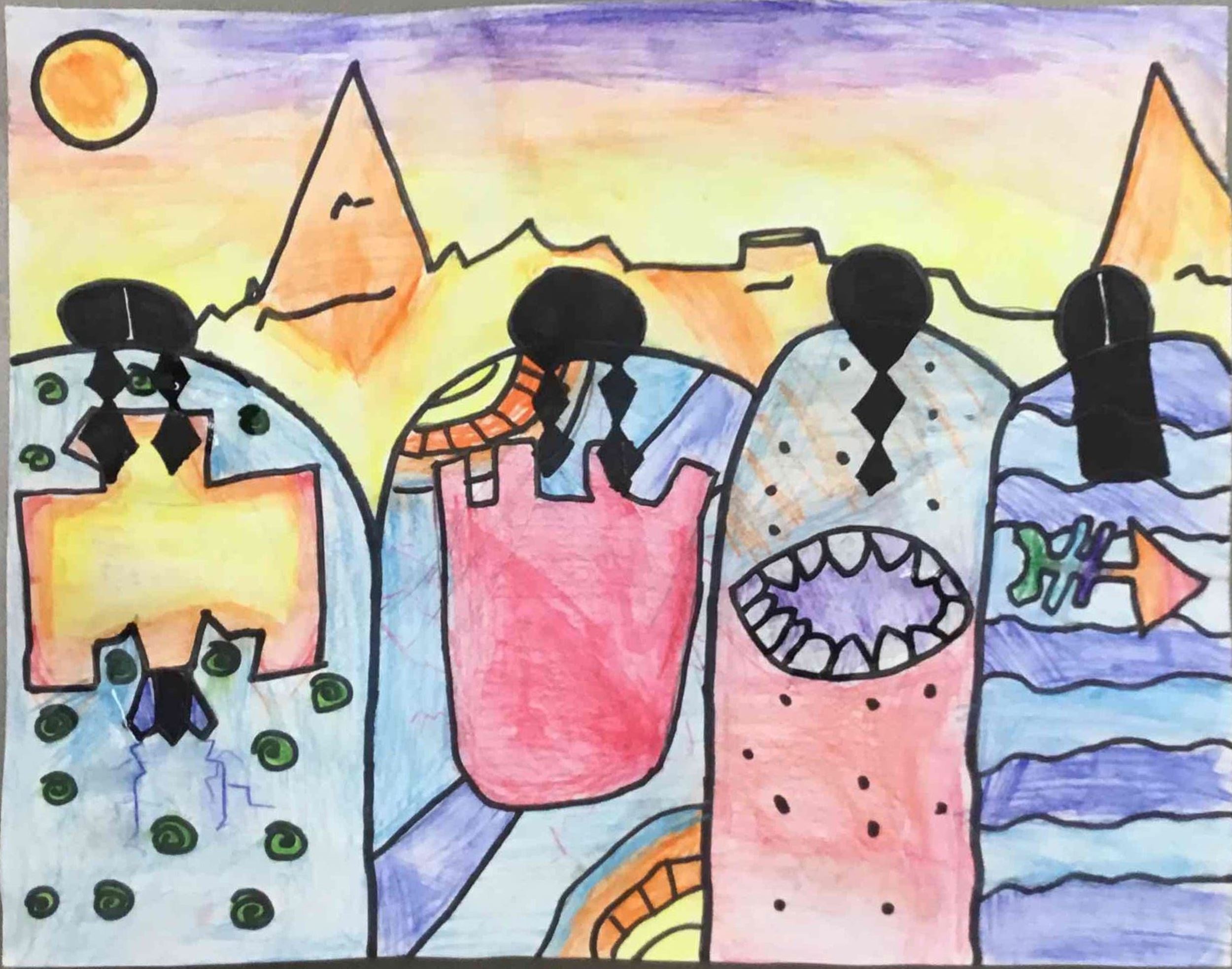 Patterns and symbols in bold colors. Medium: watercolor pencil.
