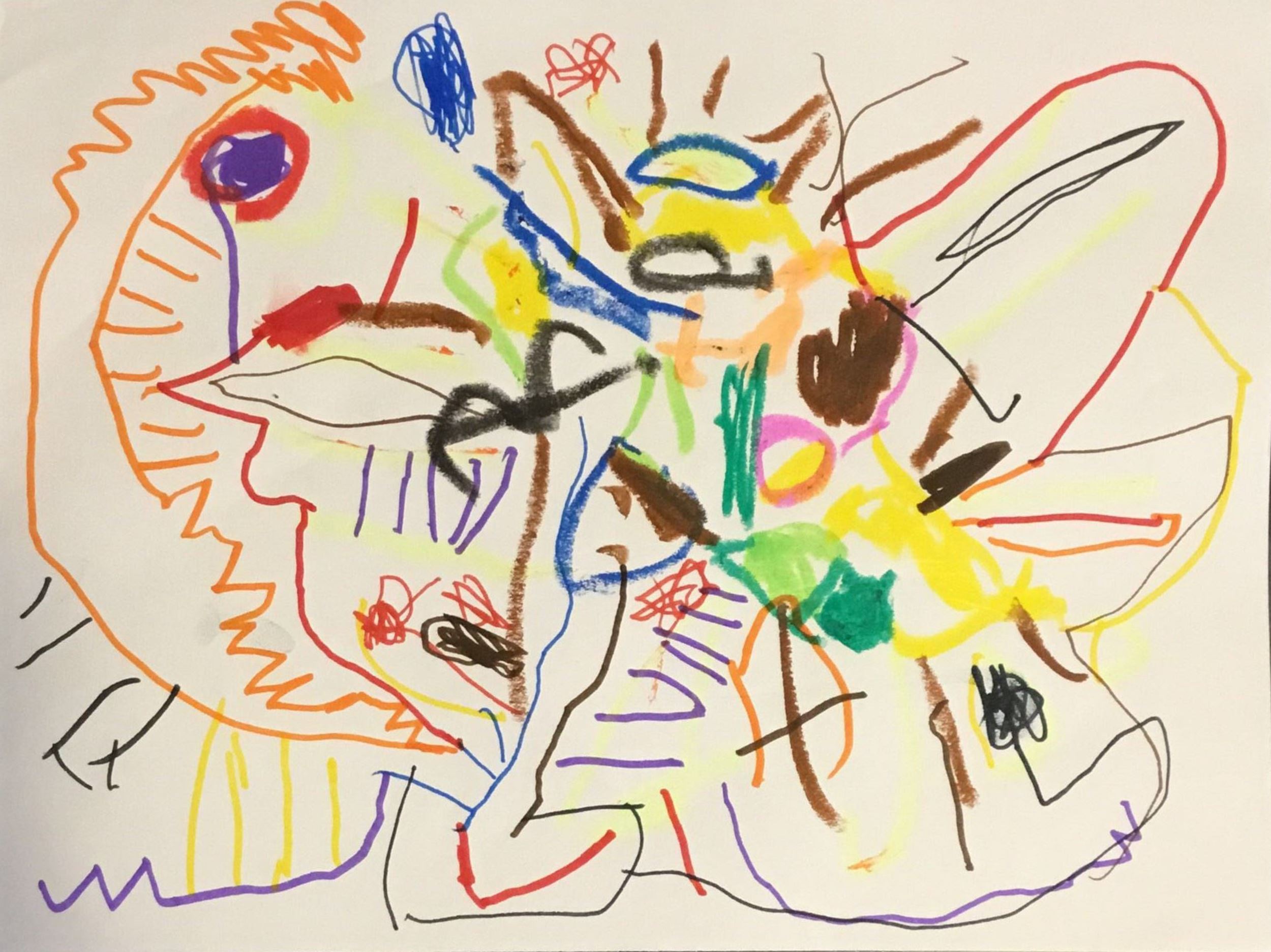 A maze of overlapping lines and shapes. Medium: paint stick and marker.