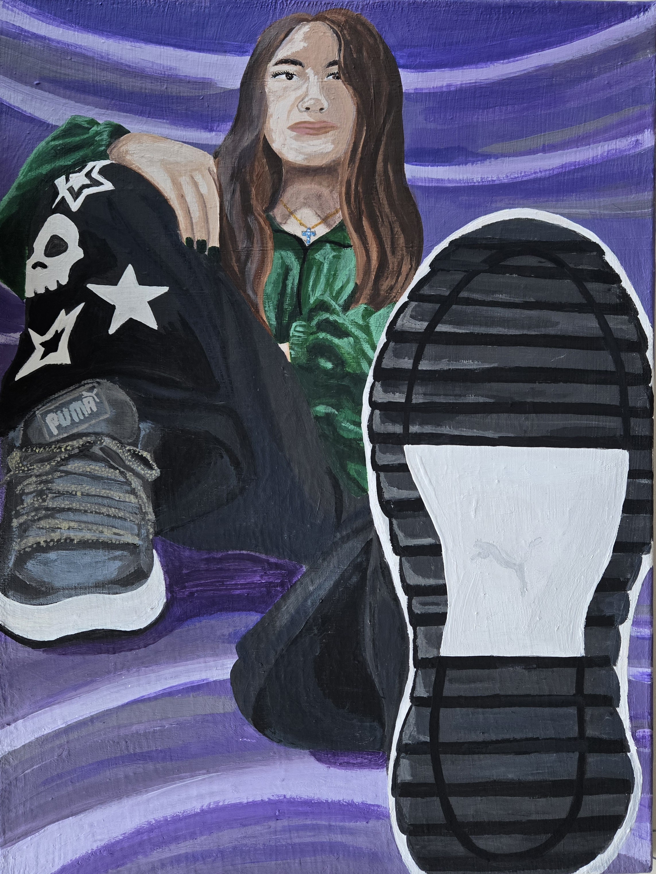 Young artist’s shoe in the foreground with a skein of yarn draped across a textured floor. Medium: acrylic.