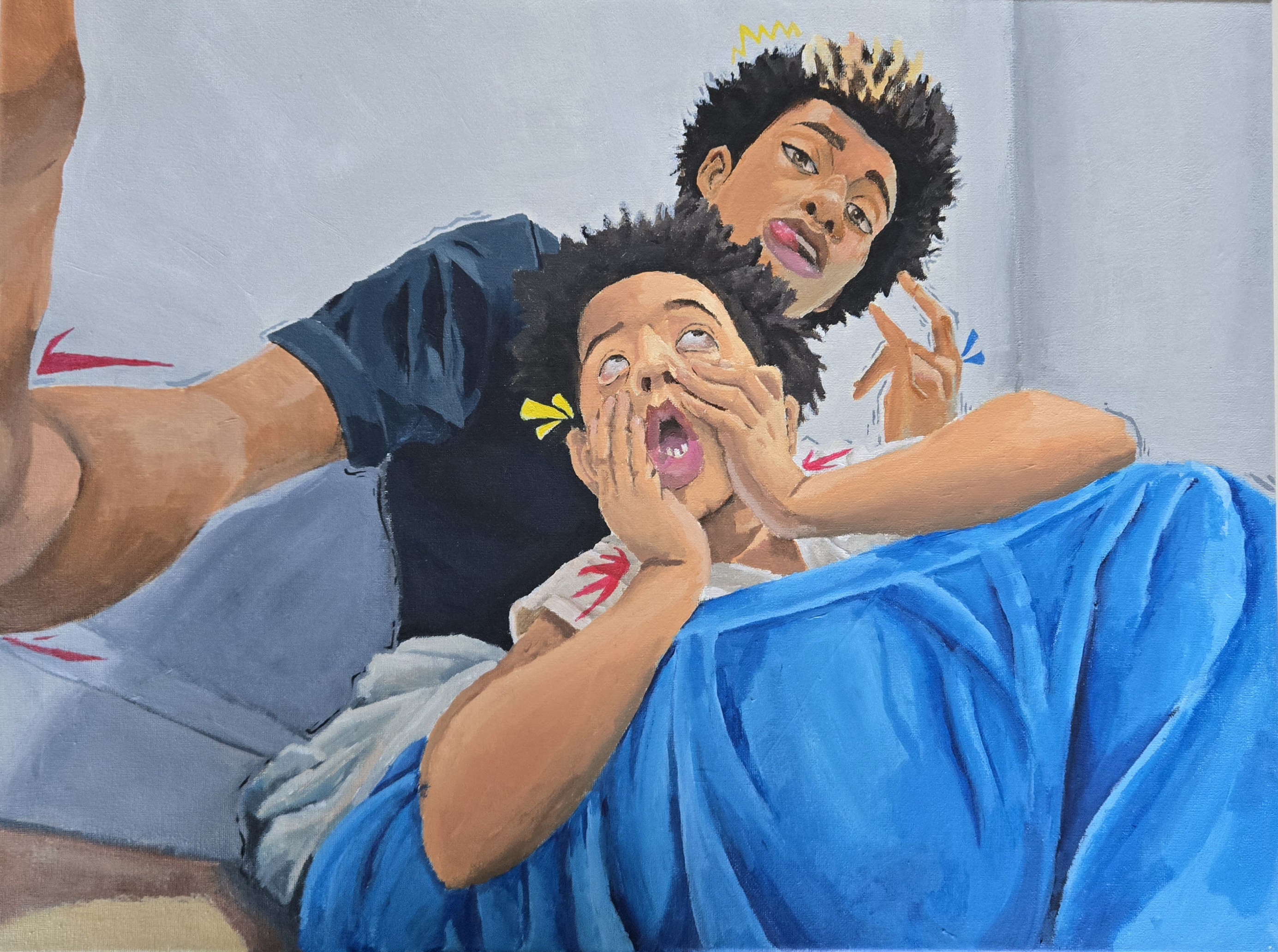 Painting showing two teenage boys, sitting and leaning against a railing, smiling with one arm extended toward the viewer, as if taking a selfie. Medium: acrylic.