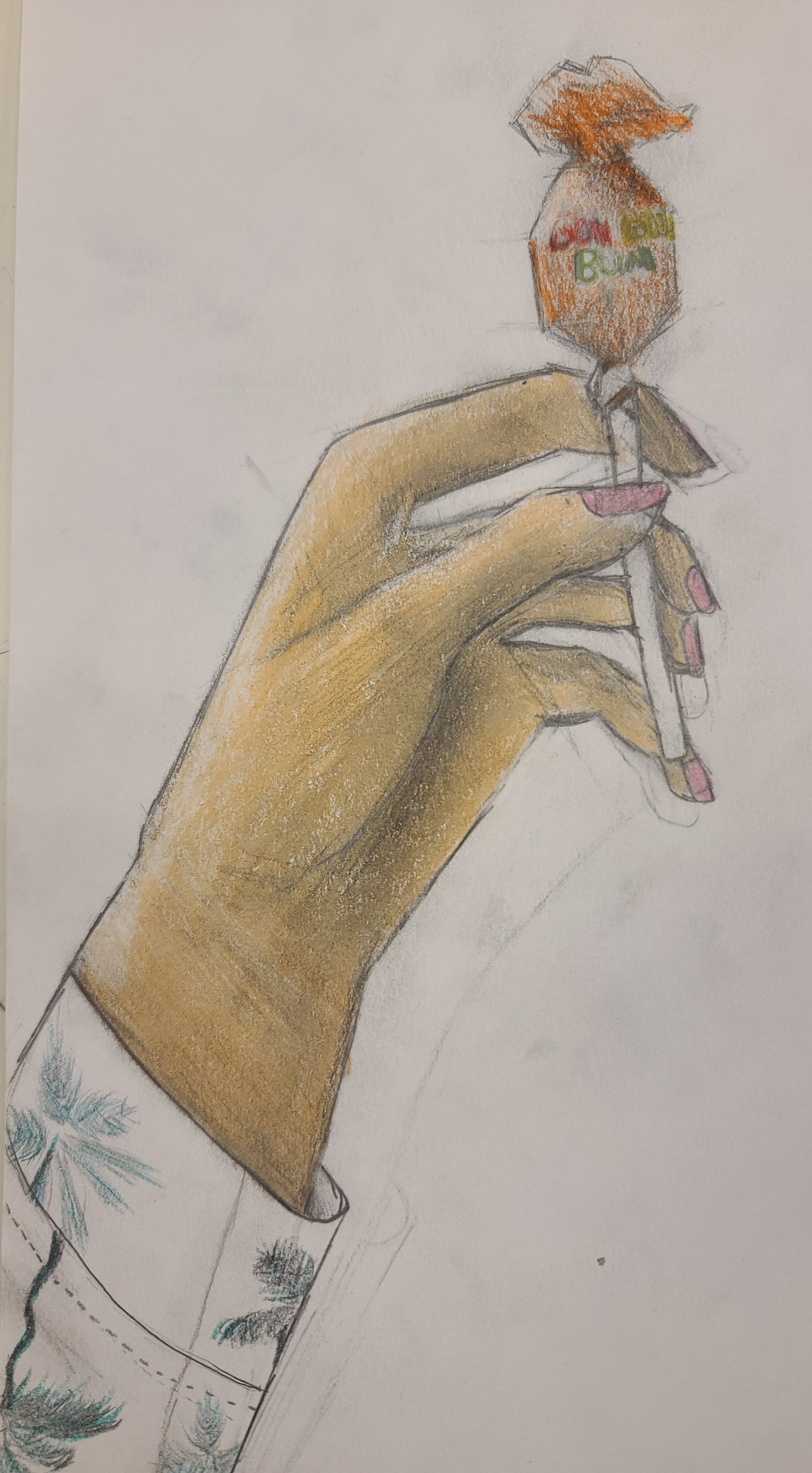 Drawing of a tan hand with pink-painted fingernails holding an orange lollipop. Mixed media.