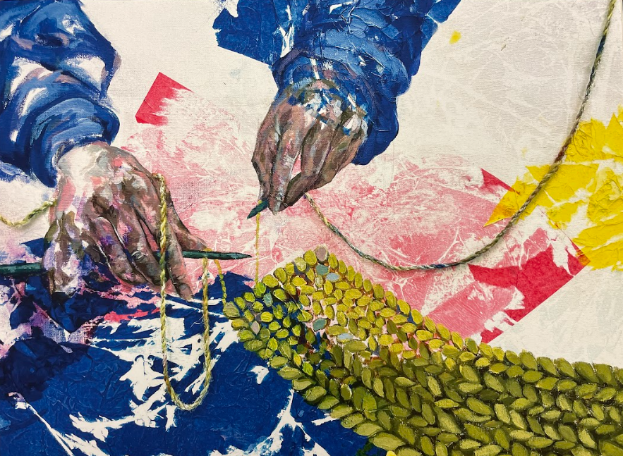 Abstract shapes in blue, red, yellow, and white forming a dynamic background. Medium: painting.
