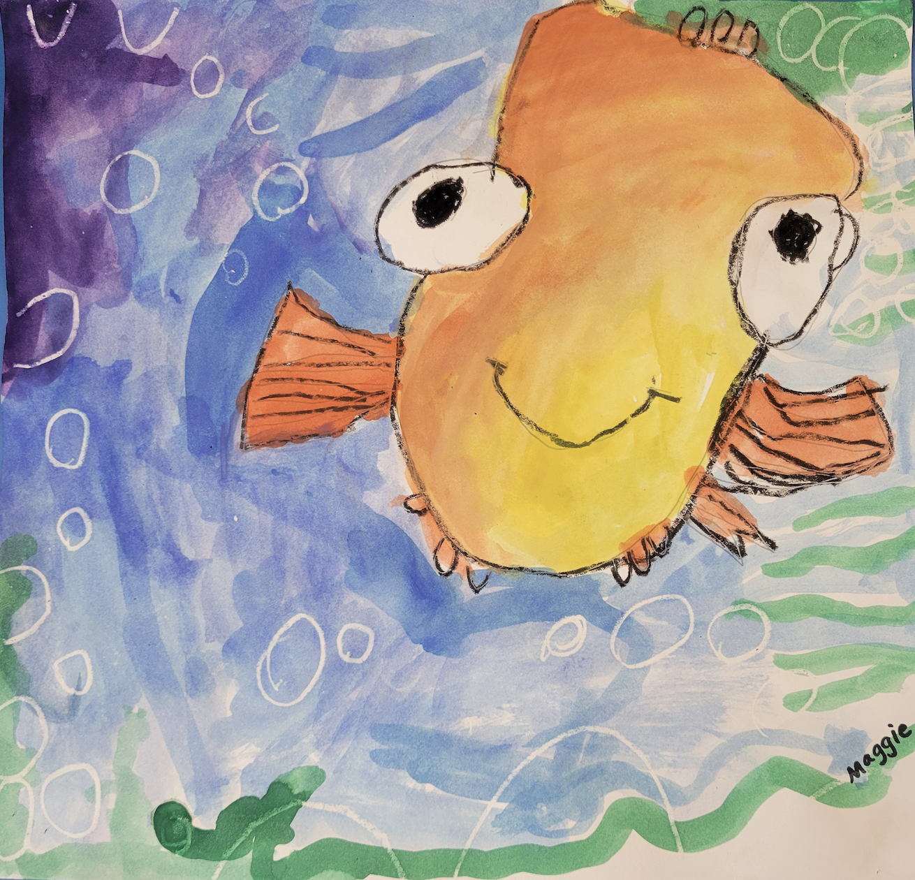 A swirling school of bright orange fish swimming in light blue water. Medium: painting.