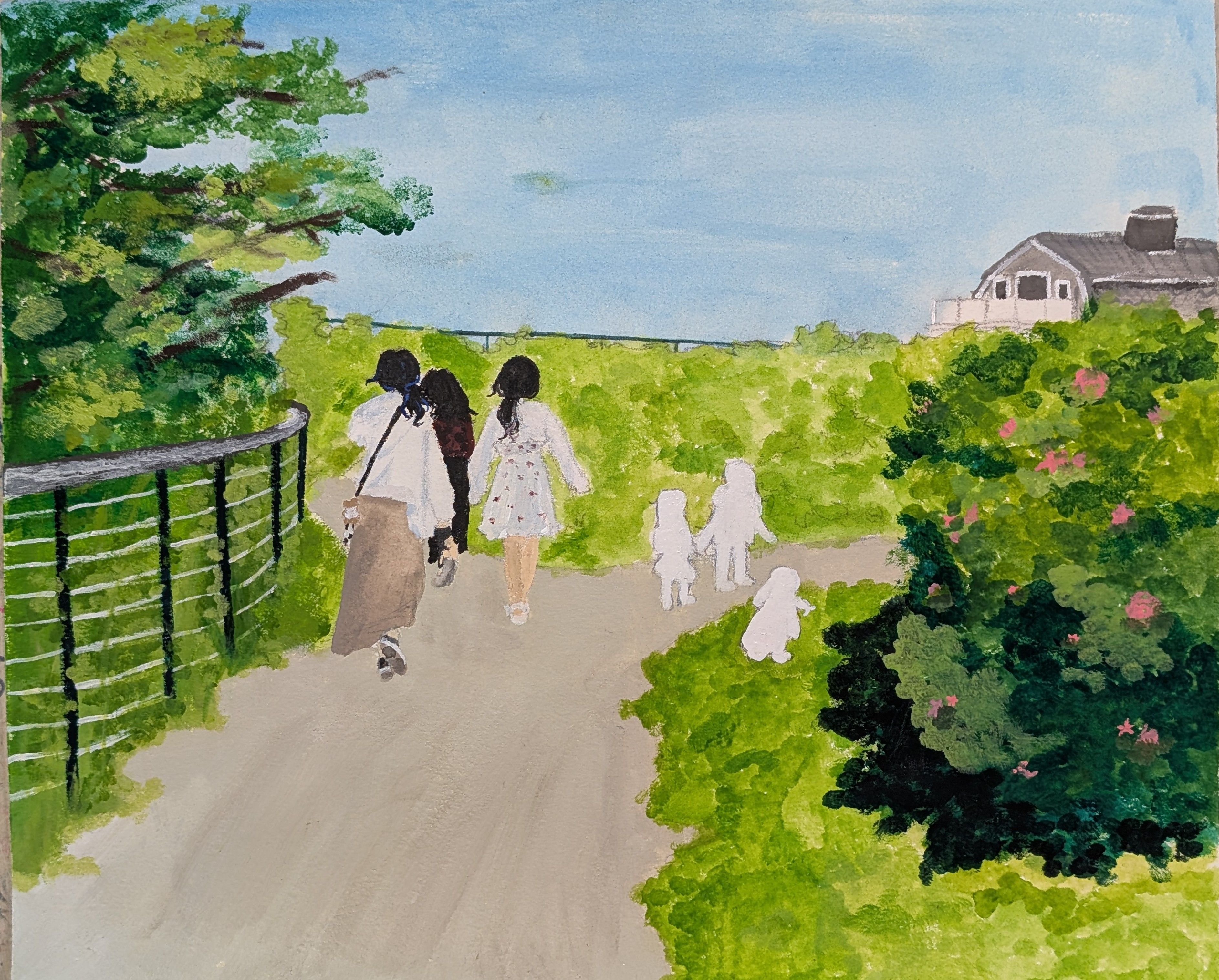 Painting of a lush green landscape with a gray building in the distance and pathways veering to the right at the path's fork. Medium: painting.