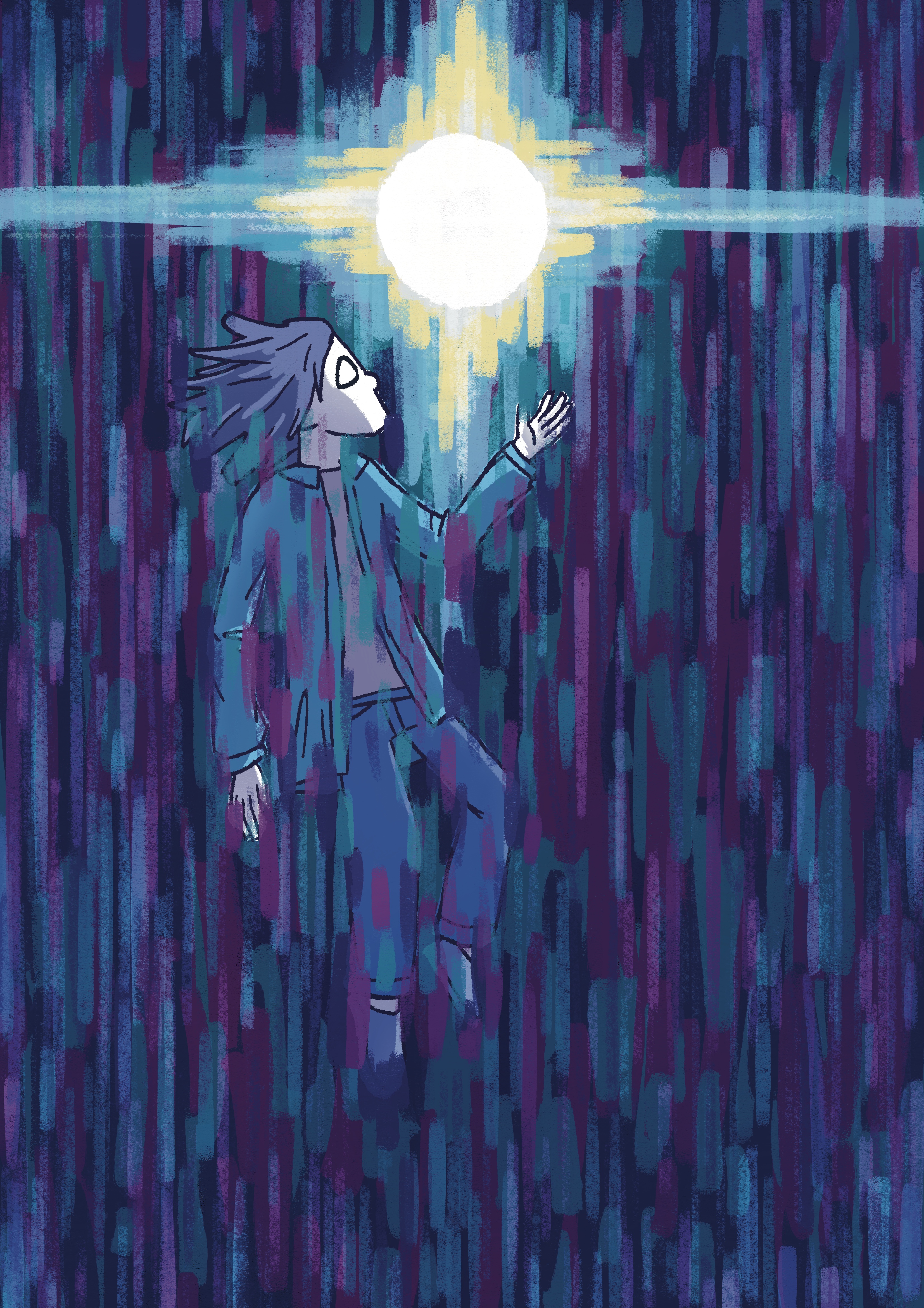 Image of a boy floating against a dark background with vertical shafts of light converging toward a circle of light in the top center of the canvas. Medium: Digital.