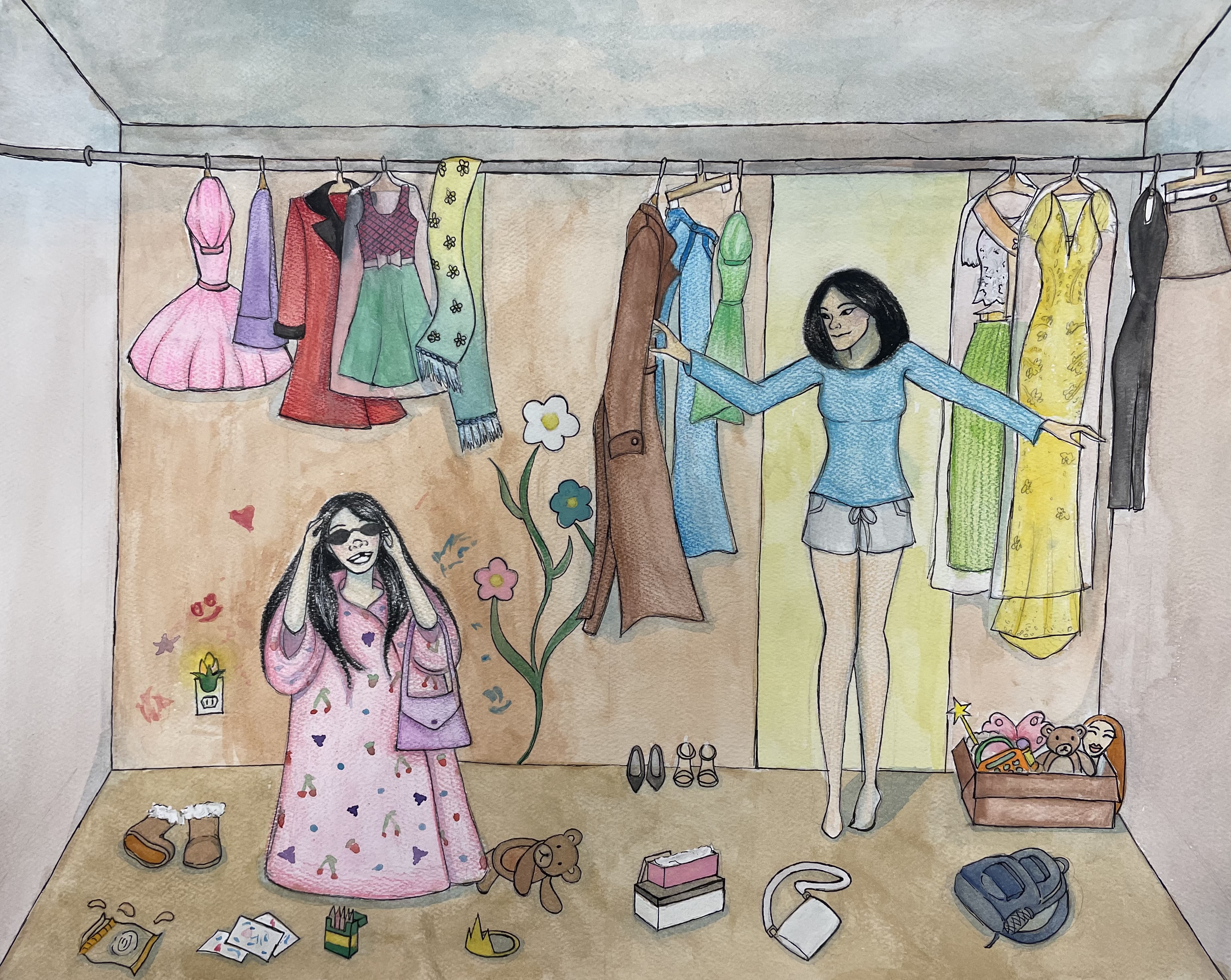 A seated figure gazing down at her memory-filled closet. Media: watercolor, colored pencil and Sharpie.