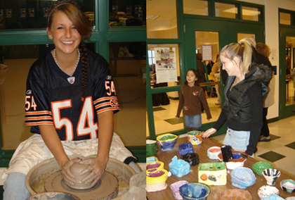 Student using a pottery wheel. Another student shows off a table of finished ceramic bowls
